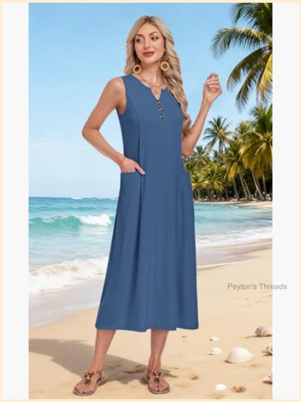 Casual Midi Dress V Neck Sleeveless Summer Beach Button Down with Pockets - Picture 5 of 7